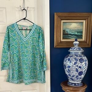 Gretchen Scott Designs Blue and Green Floral V Neck Tunic Top Size Large